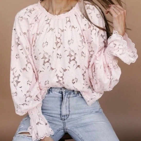 Free People Olivia Lace Top Pink Long Sleeve Size Medium - Picture 2 of 6